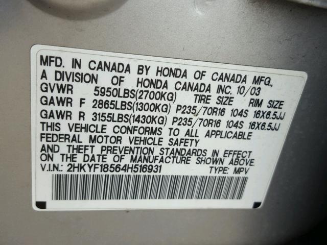 2HKYF18564H516931 - 2004 HONDA PILOT EXL SILVER photo 10