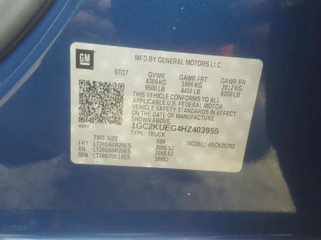 1GC2KUEG4HZ403955 - 2017 CHEVROLET SILVERADO BLUE photo 10