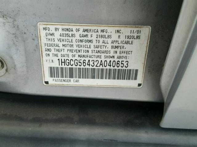 1HGCG56432A040653 - 2002 HONDA ACCORD LX SILVER photo 10