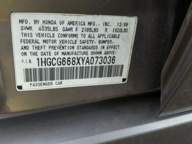 1HGCG668XYA073036 - 2000 HONDA ACCORD EX GRAY photo 10