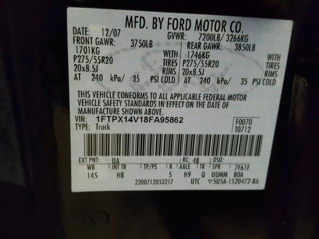 1FTPX14V18FA95862 - 2008 FORD F150 BLACK photo 10