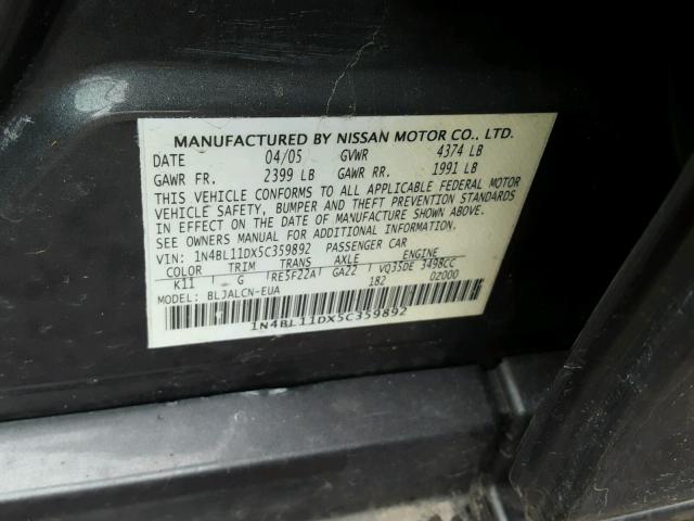 1N4BL11DX5C359892 - 2005 NISSAN ALTIMA SE GRAY photo 10