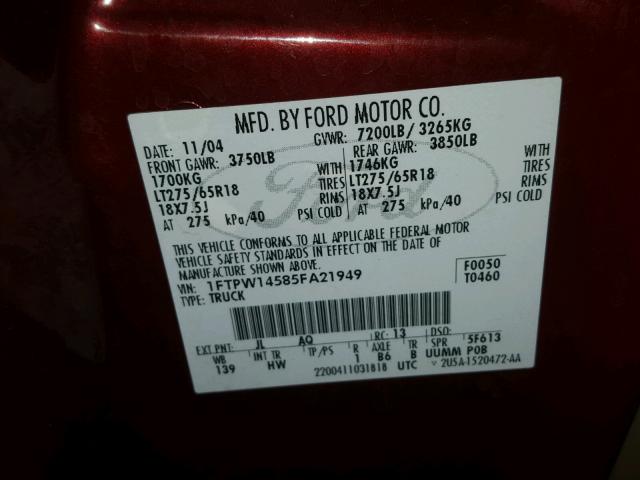 1FTPW14585FA21949 - 2005 FORD F150 SUPER MAROON photo 10