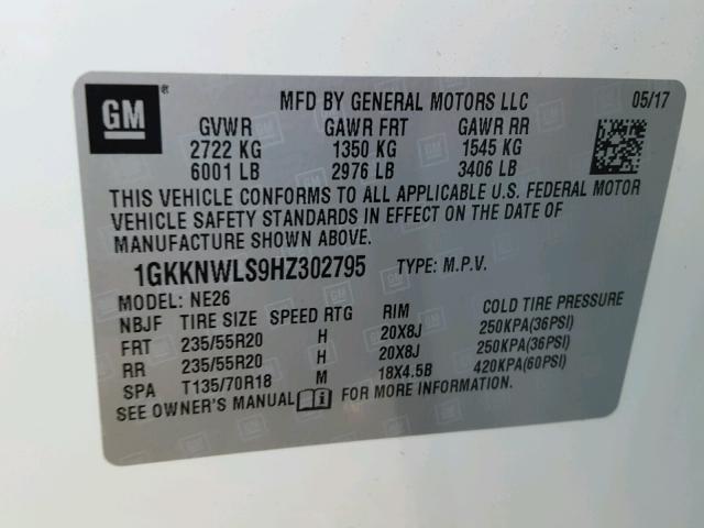 1GKKNWLS9HZ302795 - 2017 GMC ACADIA SLT თეთრი ფოტო 10