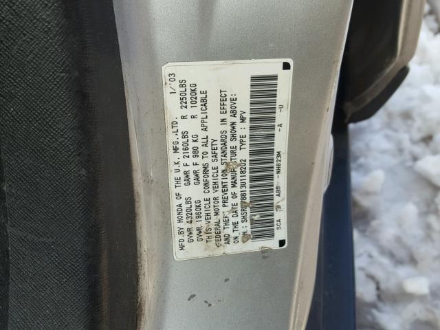 SHSRD78813U118202 - 2003 HONDA CR-V EX SILVER photo 10