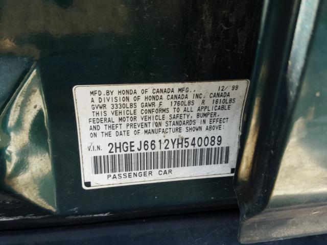 2HGEJ6612YH540089 - 2000 HONDA CIVIC BASE أخضر صورة 10