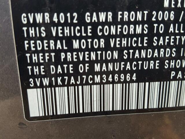3VW1K7AJ7CM346964 - 2012 VOLKSWAGEN JETTA BASE CHARCOAL photo 10