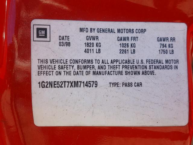 1G2NE52T7XM714579 - 1999 PONTIAC GRAND AM S Qırmızı foto 10