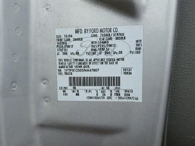 1FTPX12505NA47807 - 2005 FORD F150 SILVER photo 10