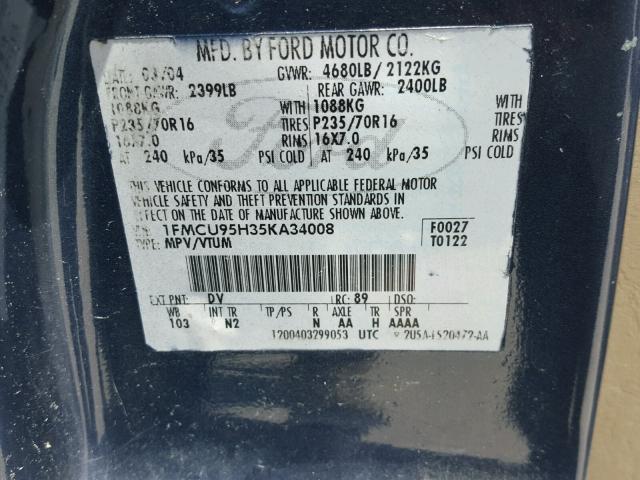 1FMCU95H35KA34008 - 2005 FORD ESCAPE HEV BLUE photo 10