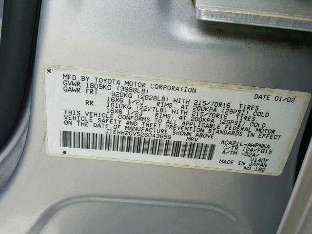 JTEHH20V526043859 - 2002 TOYOTA RAV4 SILVER photo 10