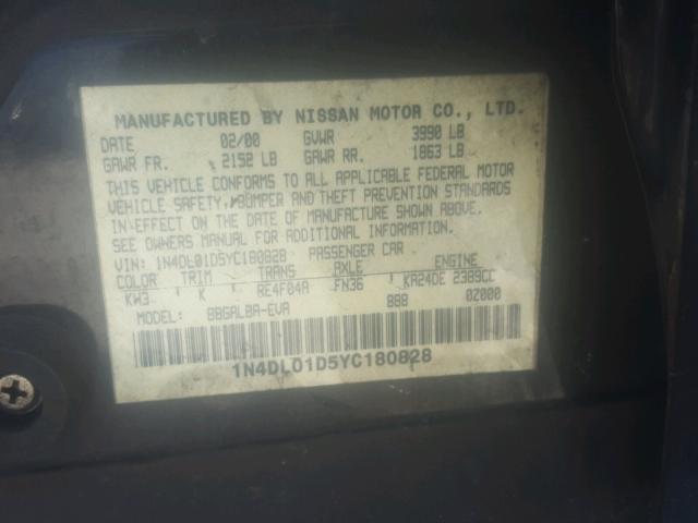 1N4DL01D5YC180828 - 2000 NISSAN ALTIMA XE BLACK photo 10