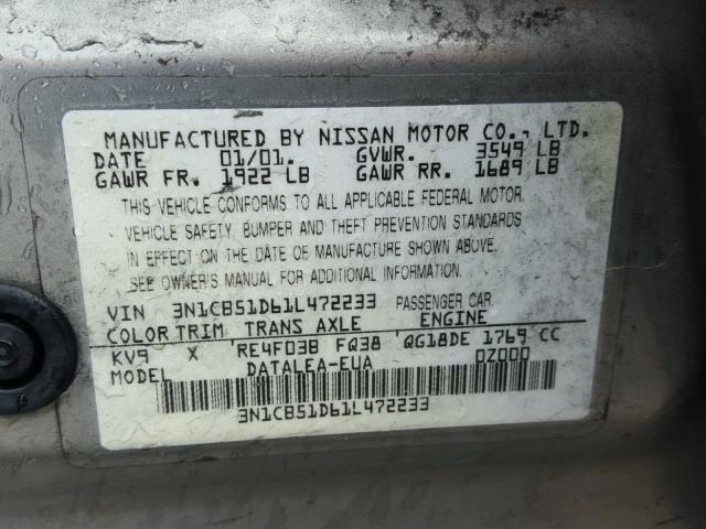 3N1CB51D61L472233 - 2001 NISSAN SENTRA XE SILVER photo 10