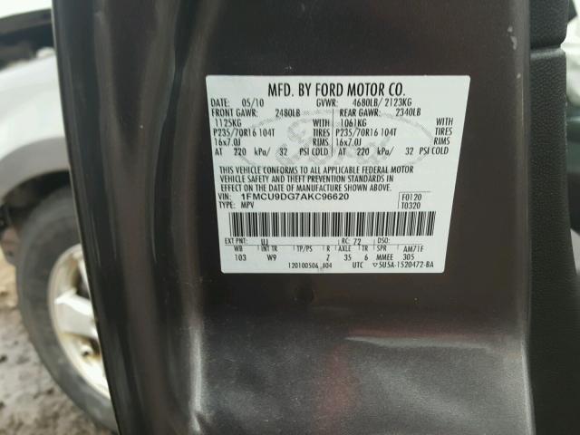 1FMCU9DG7AKC96620 - 2010 FORD ESCAPE XLT GRAY photo 10