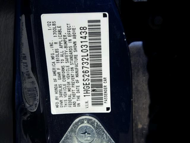 1HGES26732L031438 - 2002 HONDA CIVIC EX ლურჯი ფოტო 10