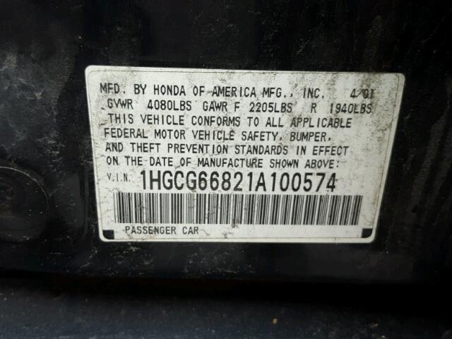 1HGCG66821A100574 - 2001 HONDA ACCORD EX BLACK photo 10