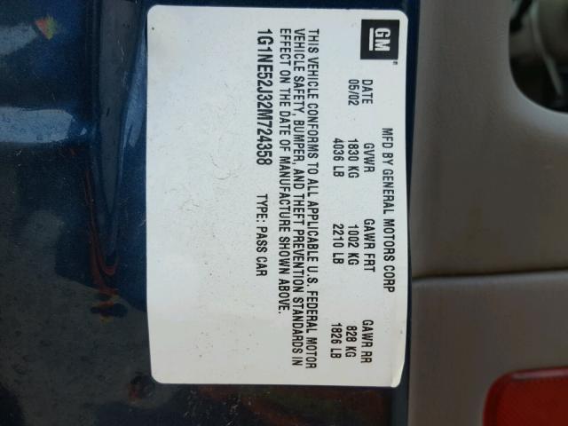 1G1NE52J32M724358 - 2002 CHEVROLET MALIBU LS ლურჯი ფოტო 10