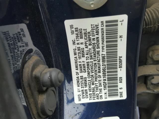 1HGFA16896L018967 - 2006 HONDA CIVIC EX Mavi foto 10