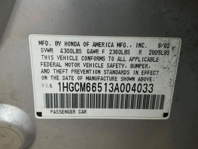 1HGCM66513A004033 - 2003 HONDA ACCORD EX SILVER photo 10