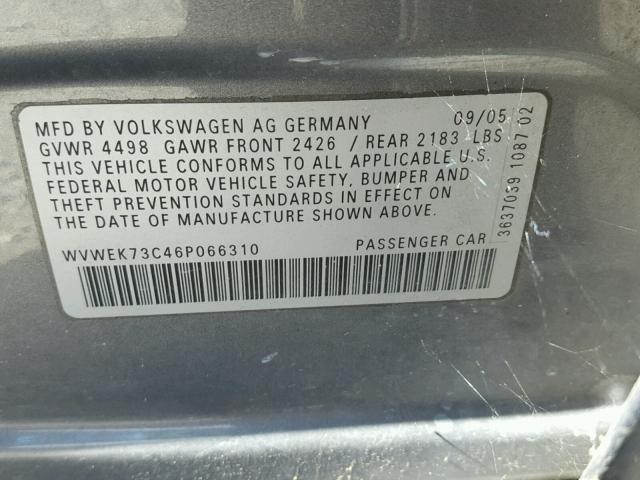 WVWEK73C46P066310 - 2006 VOLKSWAGEN PASSAT 2.0 GRAY photo 10