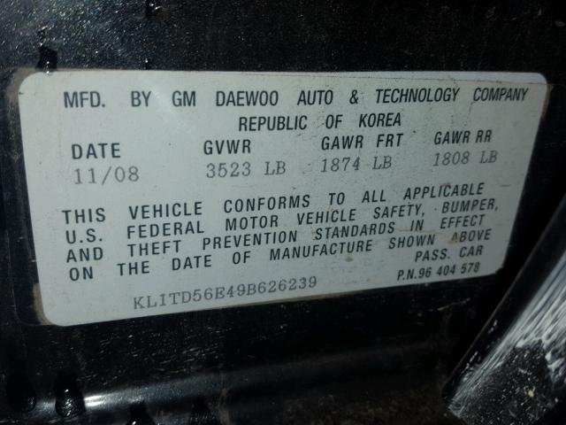 KL1TD56E49B626239 - 2009 CHEVROLET AVEO LS CHARCOAL photo 10