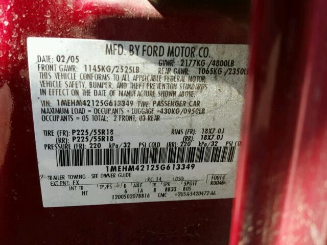 1MEHM42125G613349 - 2005 MERCURY MONTEGO PR 勃艮第红 照片 10