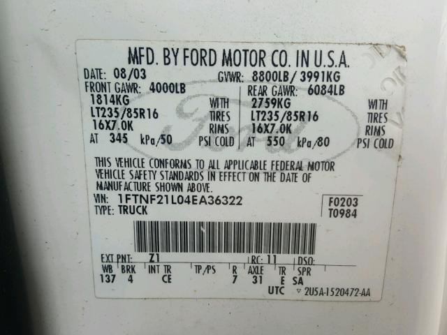 1FTNF21L04EA36322 - 2004 FORD F250 SUPER WHITE photo 10