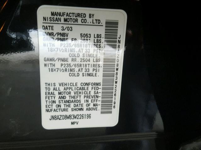 JN8AZ08W83W226196 - 2003 NISSAN MURANO SL BLACK photo 10