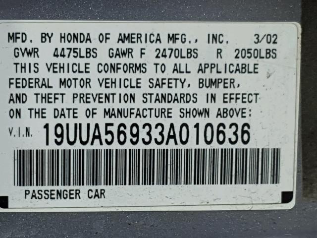 19UUA56933A010636 - 2003 ACURA 3.2TL TYPE SILVER photo 10