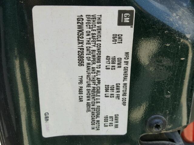 1G2WK52JX1F258956 - 2001 PONTIAC GRAND PRIX GREEN photo 10