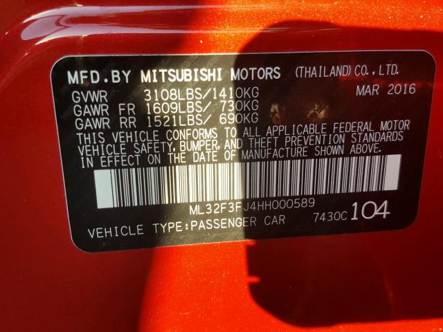 ML32F3FJ4HH000589 - 2017 MITSUBISHI MIRAGE G4 RED photo 10