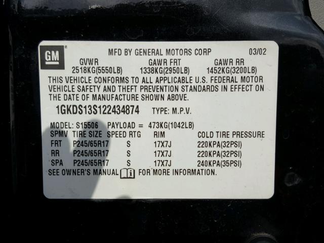 1GKDS13S122434874 - 2002 GMC ENVOY BLACK photo 10