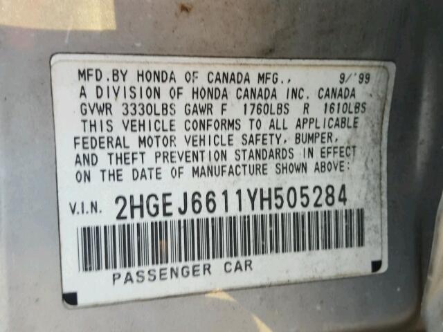 2HGEJ6611YH505284 - 2000 HONDA CIVIC BASE Gümüş foto 10