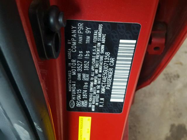 KMHCT4AE5GU071358 - 2016 HYUNDAI ACCENT SE RED photo 10