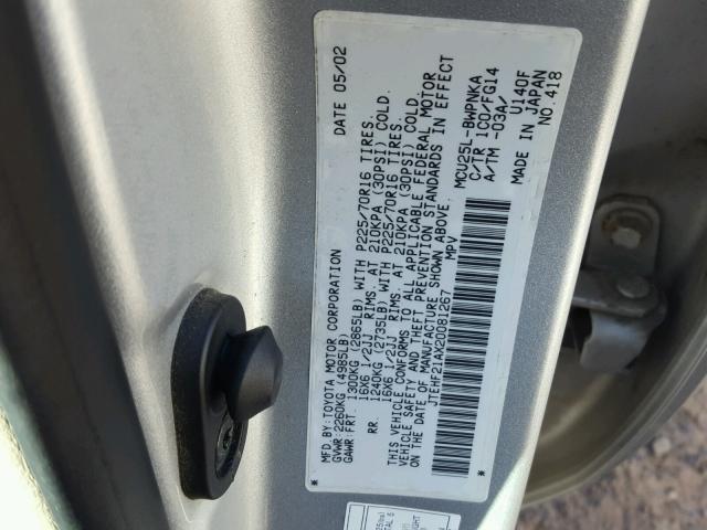 JTEHF21AX20081267 - 2002 TOYOTA HIGHLANDER SILVER photo 10