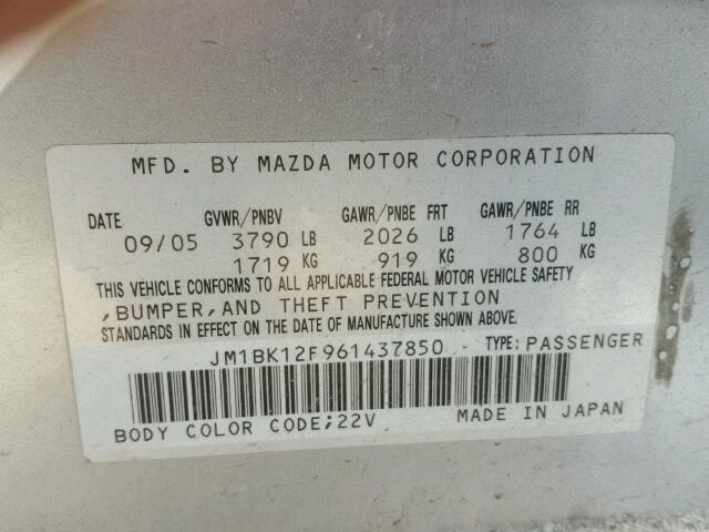 JM1BK12F961437850 - 2006 MAZDA 3 I SILVER photo 10