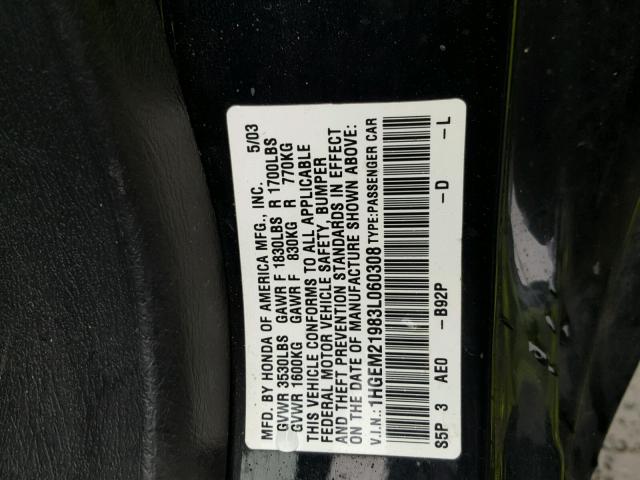 1HGEM21983L060308 - 2003 HONDA CIVIC EX შავი ფოტო 10