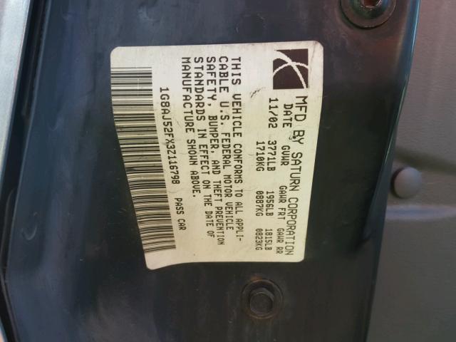 1G8AJ52FX3Z116798 - 2003 SATURN ION LEVEL SILVER photo 10