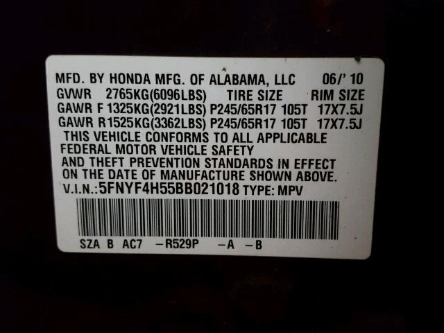 5FNYF4H55BB021018 - 2011 HONDA PILOT EXL BURGUNDY photo 10