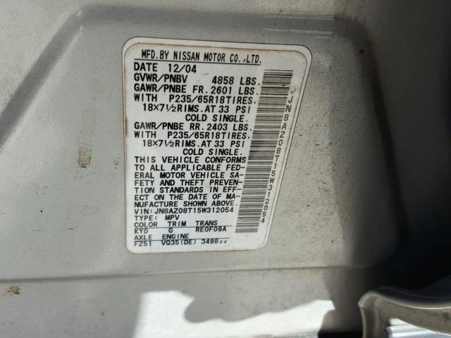 JN8AZ08T15W312054 - 2005 NISSAN MURANO SL SILVER photo 10