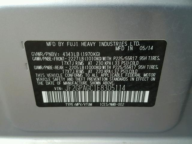 JF2GPAGC1E8305114 - 2014 SUBARU XV CROSSTR SILVER photo 10