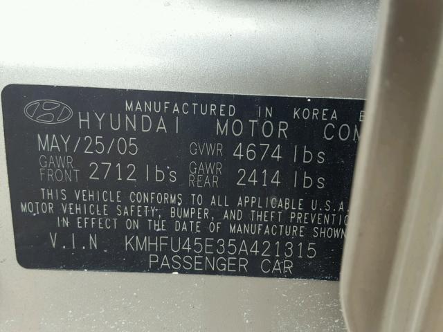 KMHFU45E35A421315 - 2005 HYUNDAI XG 350 TAN photo 10