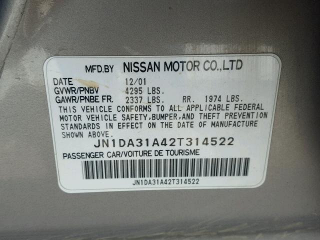 JN1DA31A42T314522 - 2002 NISSAN MAXIMA GLE SILVER photo 10