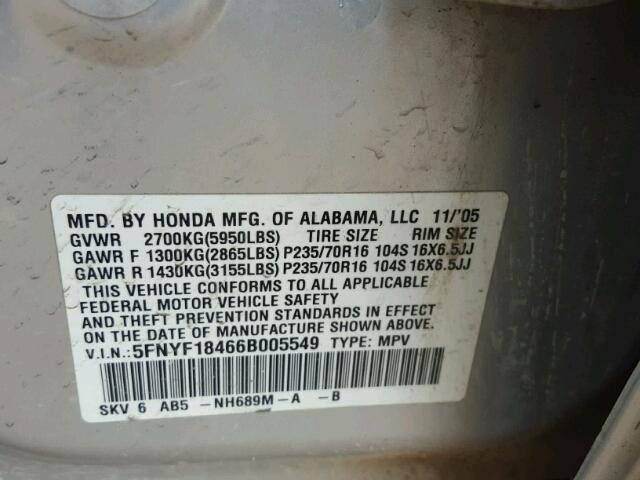 5FNYF18466B005549 - 2006 HONDA PILOT EX SILVER photo 10