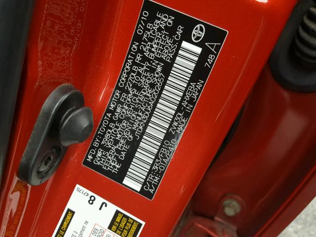 JTDKN3DU6A0202657 - 2010 TOYOTA PRIUS RED photo 10