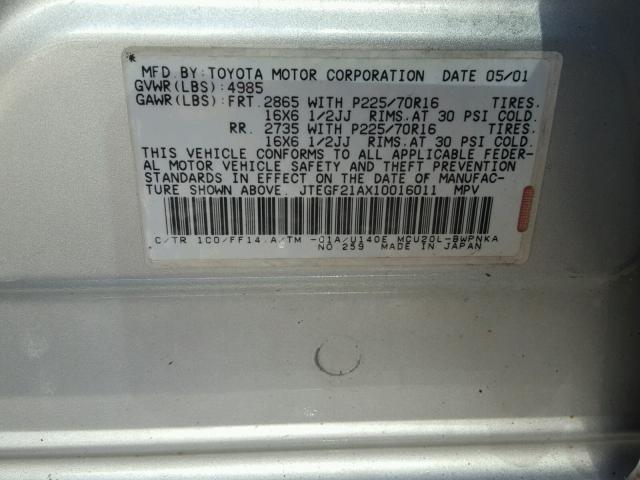 JTEGF21AX10016011 - 2001 TOYOTA HIGHLANDER SILVER photo 10