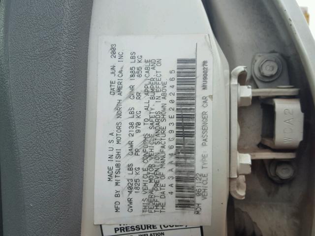 4A3AA46G93E202465 - 2003 MITSUBISHI GALANT ES WHITE photo 10