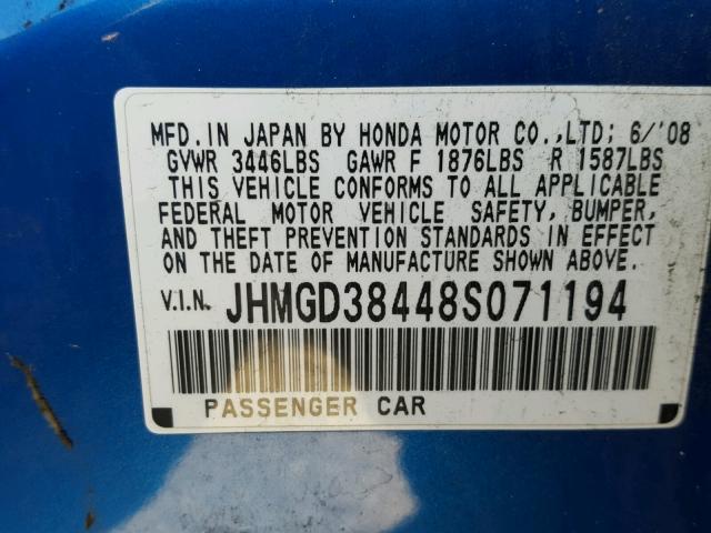 JHMGD38448S071194 - 2008 HONDA FIT BLUE photo 10