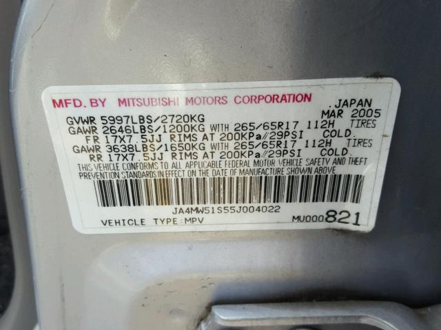 JA4MW51S55J004022 - 2005 MITSUBISHI MONTERO LI SILVER photo 10