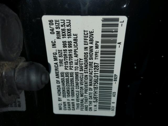 5J6YH18756L011287 - 2006 HONDA ELEMENT EX BLACK photo 10